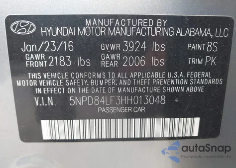 2017 Hyundai Elantra Se z USA, uszkodzony, nr VIN 5NPD84LF3HH013048